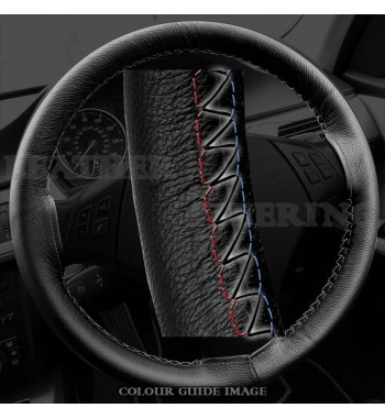 BMW 3 series E90 / E91 Black Leather Steering Wheel Cover – Red-Blue White Lacing Cord