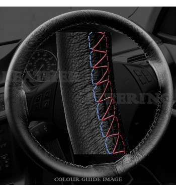 BMW 3 series E90 / E91 Black Leather Steering Wheel Cover – Red-Blue Black Lacing Cord