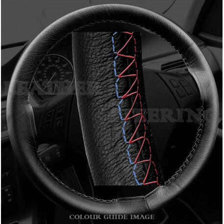 BMW 3 series E90 / E91 Black Leather Steering Wheel Cover – Red-Blue White Lacing Cord BMW 3 series E90 / E91 Black Leather Steering Wheel Cover – Red-Blue White Lacing Cord