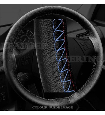 BMW 3 series E90 / E91 Black Leather Steering Wheel Cover – Red-Blue Black Lacing Cord