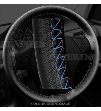 BMW 3 series E90 / E91 Black Leather Steering Wheel Cover – Red-Blue White Lacing Cord