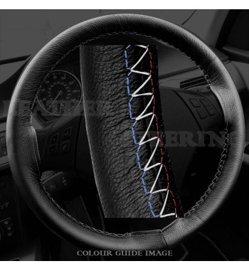 BMW 3 series E90 / E91 Black Leather Steering Wheel Cover – Red-Blue Black Lacing Cord
