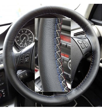 BMW 3 series 320d E46 Black Leather Steering Wheel Cover – Red-Blue with gold finish stitch