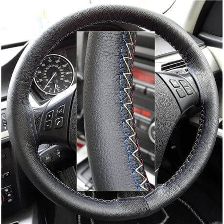 BMW 3 series 320d E46 Black Leather Steering Wheel Cover – Red-Blue with gold finish stitch BMW 3 series 320d E46 Black Leather Steering Wheel Cover – Red-Blue with gold finish stitch