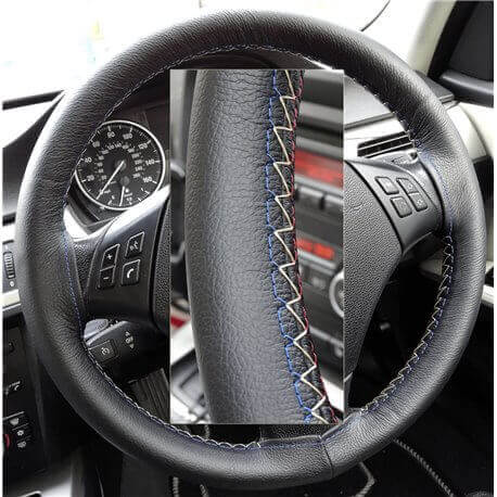 BMW 3 series 320d E46 Black Leather Steering Wheel Cover – Red-Blue with gold finish stitch