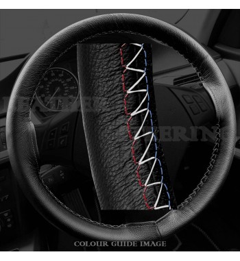 BMW 3 series 320d E46 Black Leather Steering Wheel Cover – Red-Blue White Lacing Cord