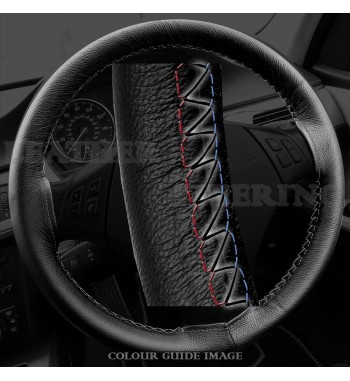 BMW 3 series 320d E46 Black Leather Steering Wheel Cover – Red-Blue Black Lacing Cord