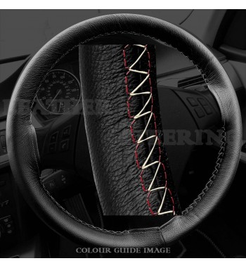 Audi A4 8E2, B6 Black Leather Steering Wheel Cover – Red stitch with Red lacing cord