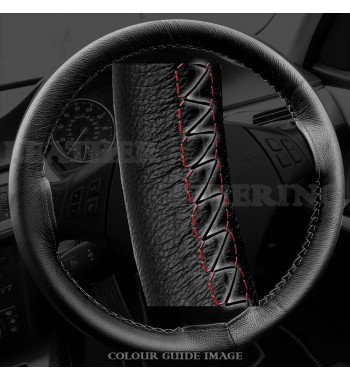 Audi A4 8E2, B6 Black Leather Steering Wheel Cover – Red stitch with Red lacing cord
