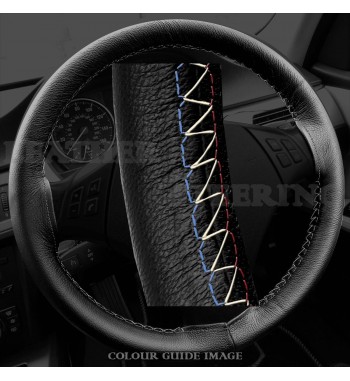 Audi A4 8E2, B6 Black Leather Steering Wheel Cover – Red-Blue Black Lacing Cord