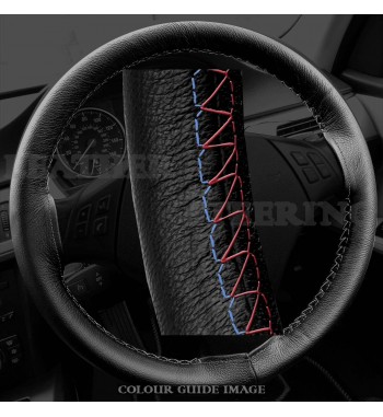 Audi A4 8E2, B6 Black Leather Steering Wheel Cover – Red-Blue Black Lacing Cord
