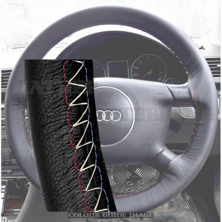 Audi A4 B6, E82 2000-2004 Black Leather Steering Wheel Cover – Red-Blue with gold finish stitch
