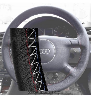 Audi A4 8E2, B6 Black Leather Steering Wheel Cover – Red-Blue White Lacing Cord