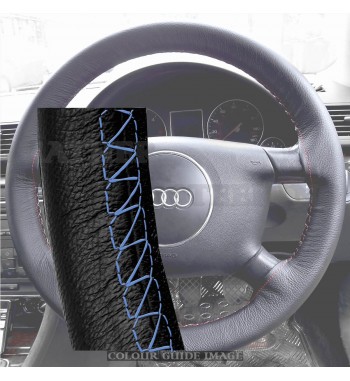 Audi A4 8E2, B6 Black Leather Steering Wheel Cover – Royal Blue stitch