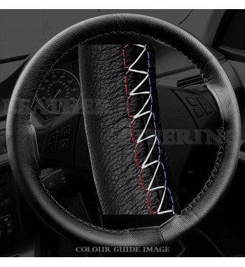 BMW 3 series E90/ E91 / X1 E84 Black Leather Steering Wheel Cover – Red-Blue with gold finish stitch