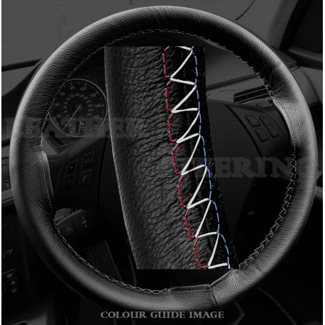 BMW 3 series E90/ E91 / X1 E84 Black Leather Steering Wheel Cover – Red-Blue with gold finish stitch