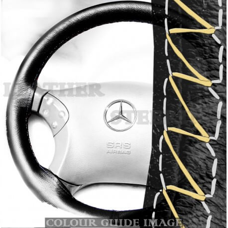 Mercedes C Class W203 C180, C200, C220, C230 Black Leather Steering Wheel Cover – White lacing cord Mercedes C Class W203 C180, C200, C220, C230 Black Leather Steering Wheel Cover – White lacing cord