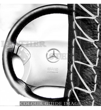 Mercedes C Class W203 C180, C200, C220, C230 Black Leather Steering Wheel Cover – White lacing cord