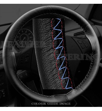 BMW 3 series E90/ E91 / X1 E84 Black Leather Steering Wheel Cover – Red-Blue with gold finish stitch