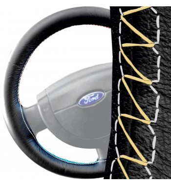 Coprivolante in pelle nera per Ford Fiesta MK5 2002-2008 cucitura bianca
