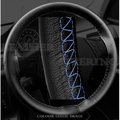 FOR SCANIA 4 SERIES REAL PERFORATED LEATHER STEERING WHEEL COVER SKY BLUE STITCH 