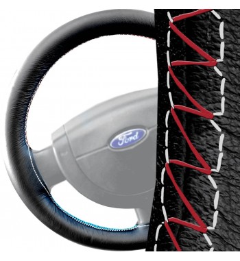 Ford Fiesta (Mk5/Mk6 UK 2002-2008) Black Leather Steering Wheel Cover with White Stitch