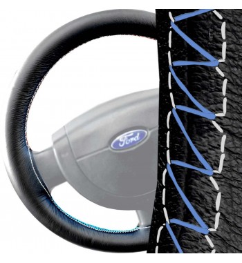 Coprivolante in pelle nera per Ford Fiesta MK5 2002-2008 cucitura bianca